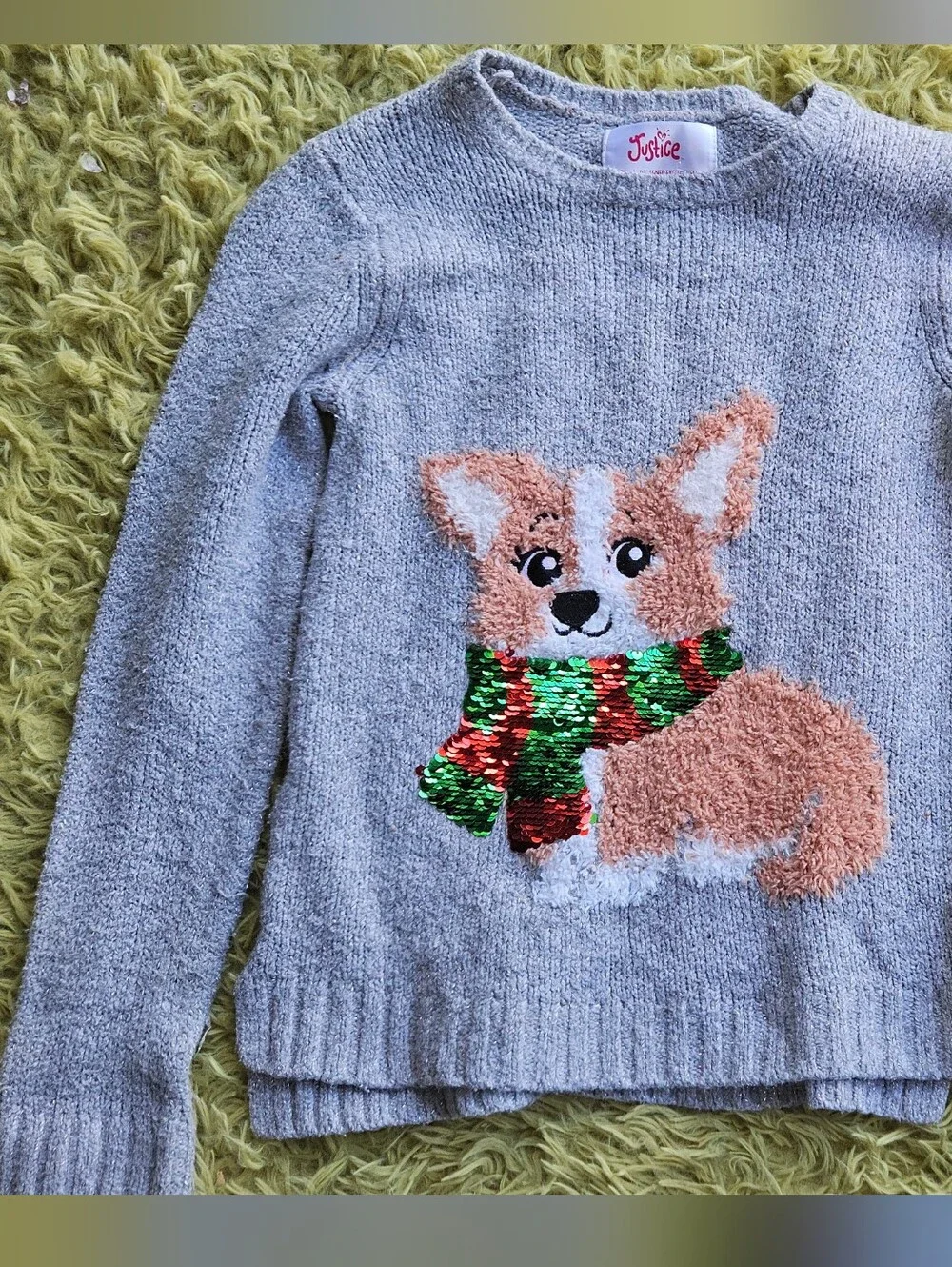 Justice Gray Sweater with Sequined Red & Green Scarf Corgi